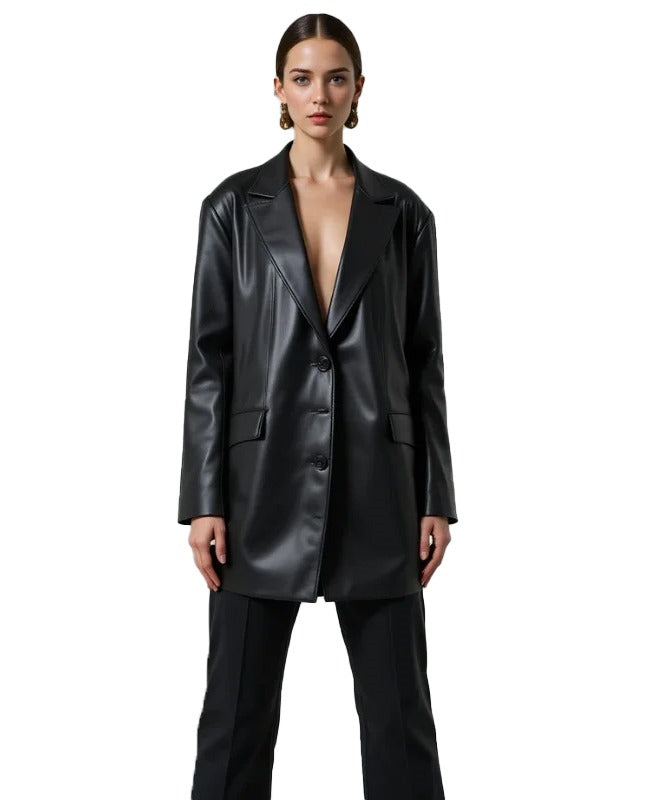 Women's Black Blazer Genuine Sheep Leather