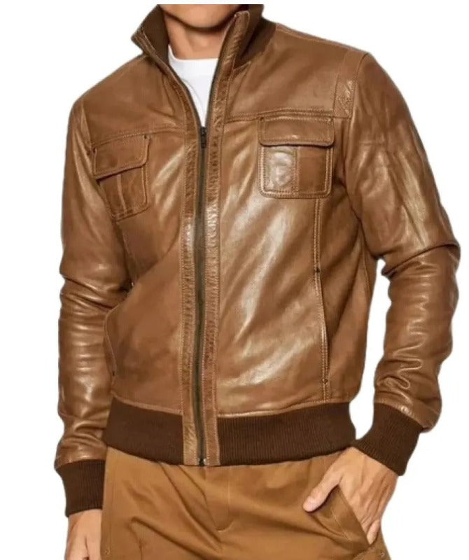 Men’s Premium Brown Sheepskin Bomber Jacket