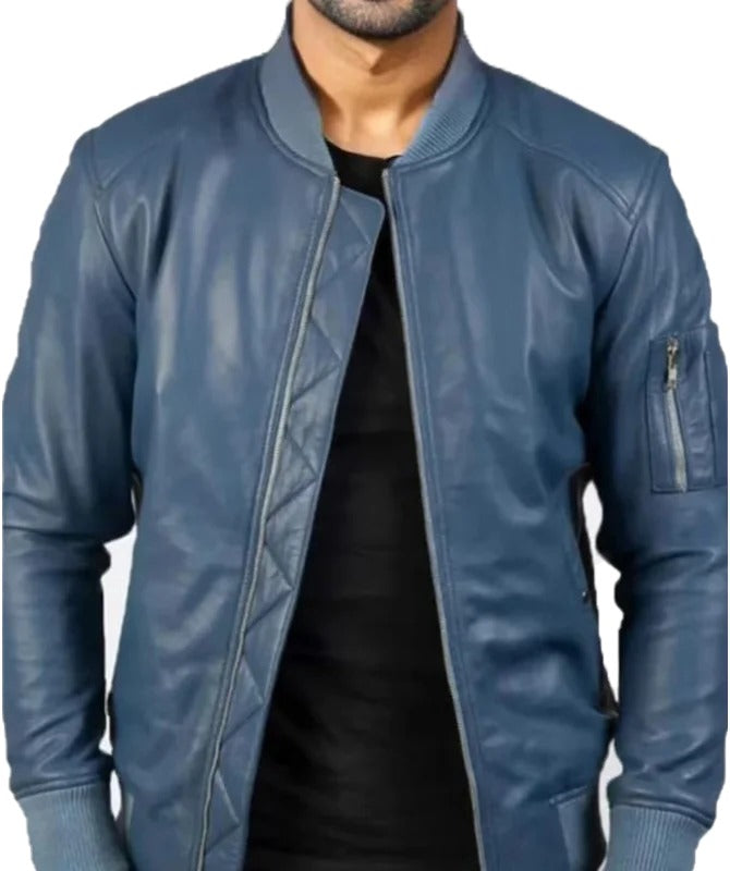Men’s Blue Leather Bomber Jacket