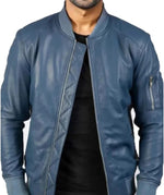 Men’s Blue Leather Bomber Jacket