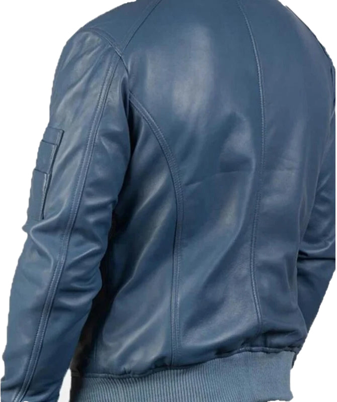 Men’s Blue Leather Bomber Jacket