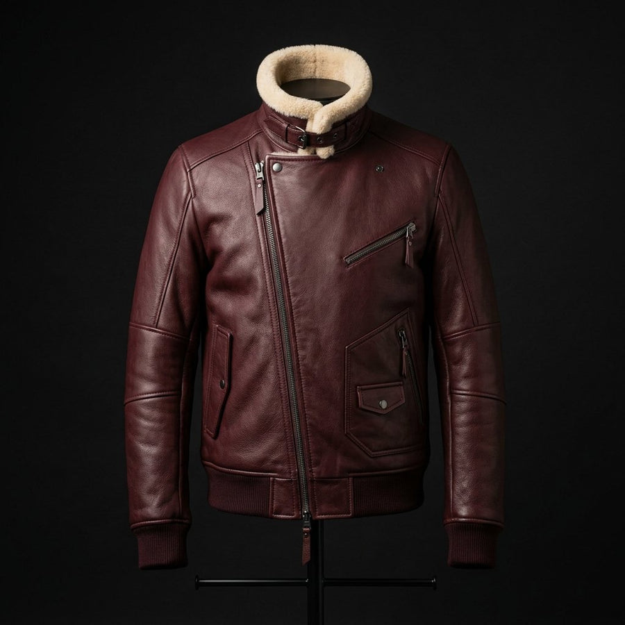 Men's Maroon Sheep Leather Jacket with Sheepskin Collar | Premium Genuine Leather | Luxe Casual Style