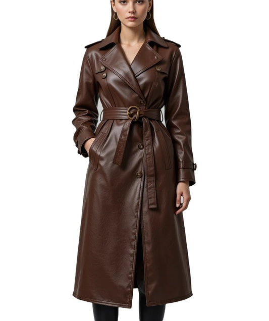 Women's Brown Leather Trench Coat Premium Sheep Leather Long Coat