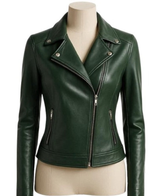 Women's Green Biker Leather Jacket 100% Genuine Sheep Leather