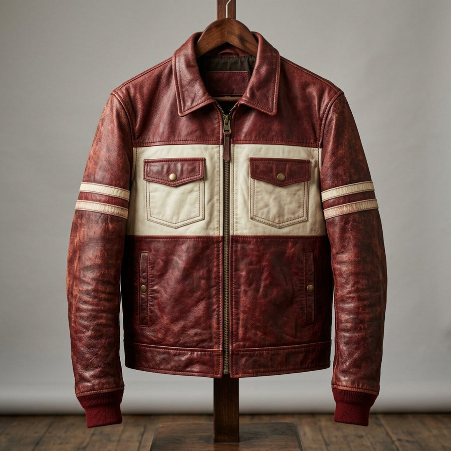 Men's Burgundy and Cream Sheep Leather Jacket | Premium Genuine Leather | Vintage Racing Style