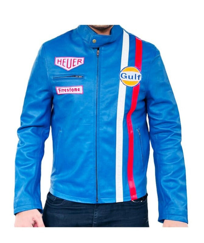 Men’s Blue Leather Bomber Zip-Up Jacket