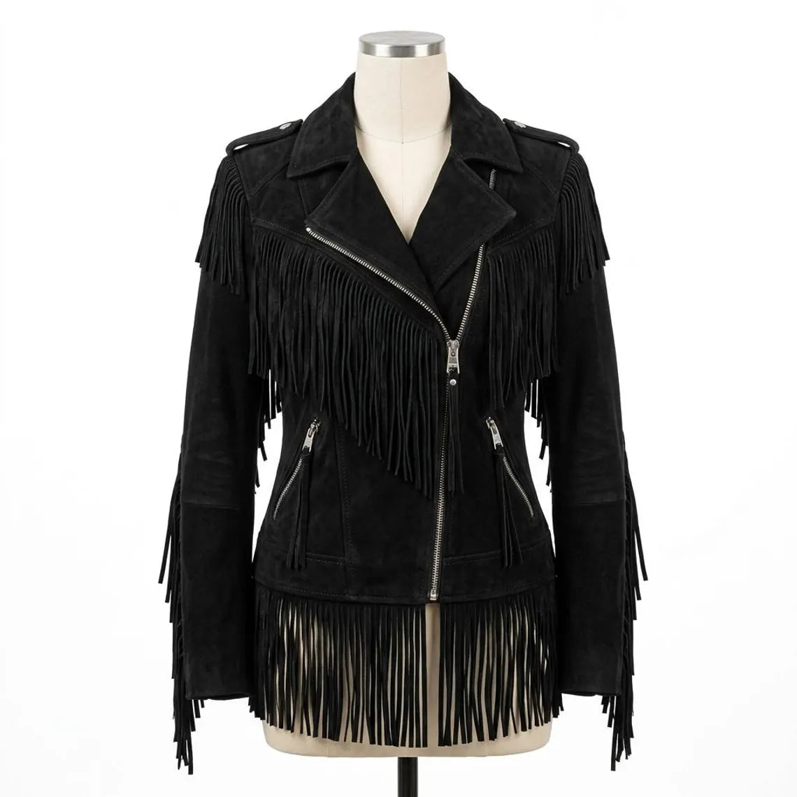Womens Black Suede Leather Fringe Jacket Handmade Western Bohemian Style image 1