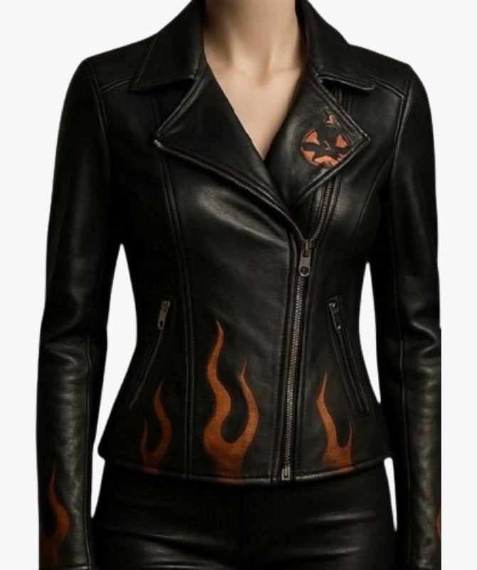 Women’s Halloween Flame Leather Jacket Premium Sheep Leather Biker Style