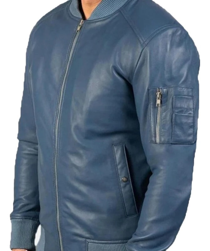 Men’s Blue Leather Bomber Jacket