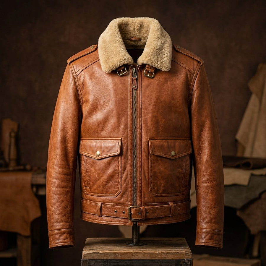 Men's Tan Brown Sheep Leather Jacket with Cream Sheepskin Collar | Premium Genuine Leather | Classic Heritage Style