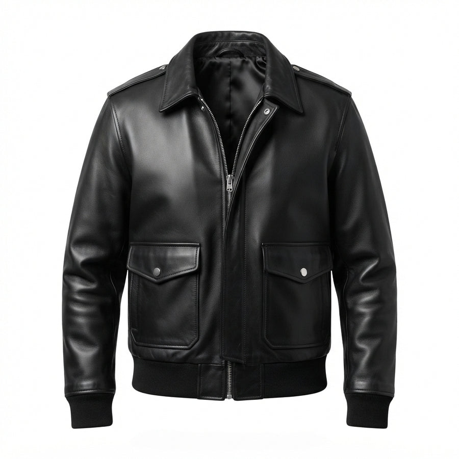 Men’s Black Sheepskin Leather Bomber Jacket – Classic Pilot Flight Coat with Collar