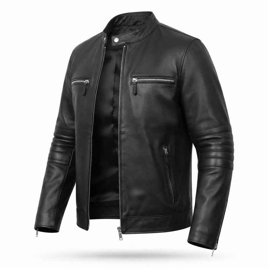 Men’s Black Sheepskin Cafe Racer Jacket – Genuine Leather Slim Fit Biker Moto Coat