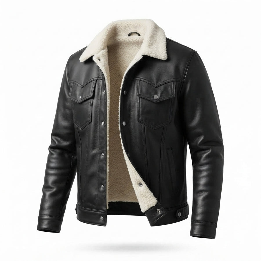 Men’s Black Sheepskin Trucker Jacket – Genuine Leather Sherpa Winter Coat with Fleece Collar
