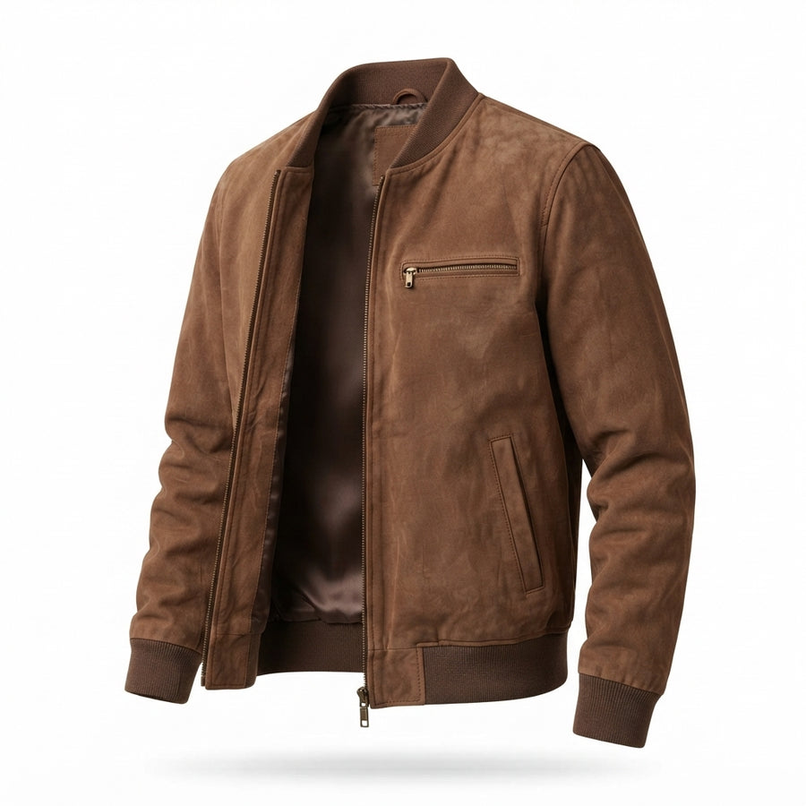 Men’s Brown Suede Sheepskin Bomber Jacket – Genuine Leather Casual Jacket with Ribbed Collar