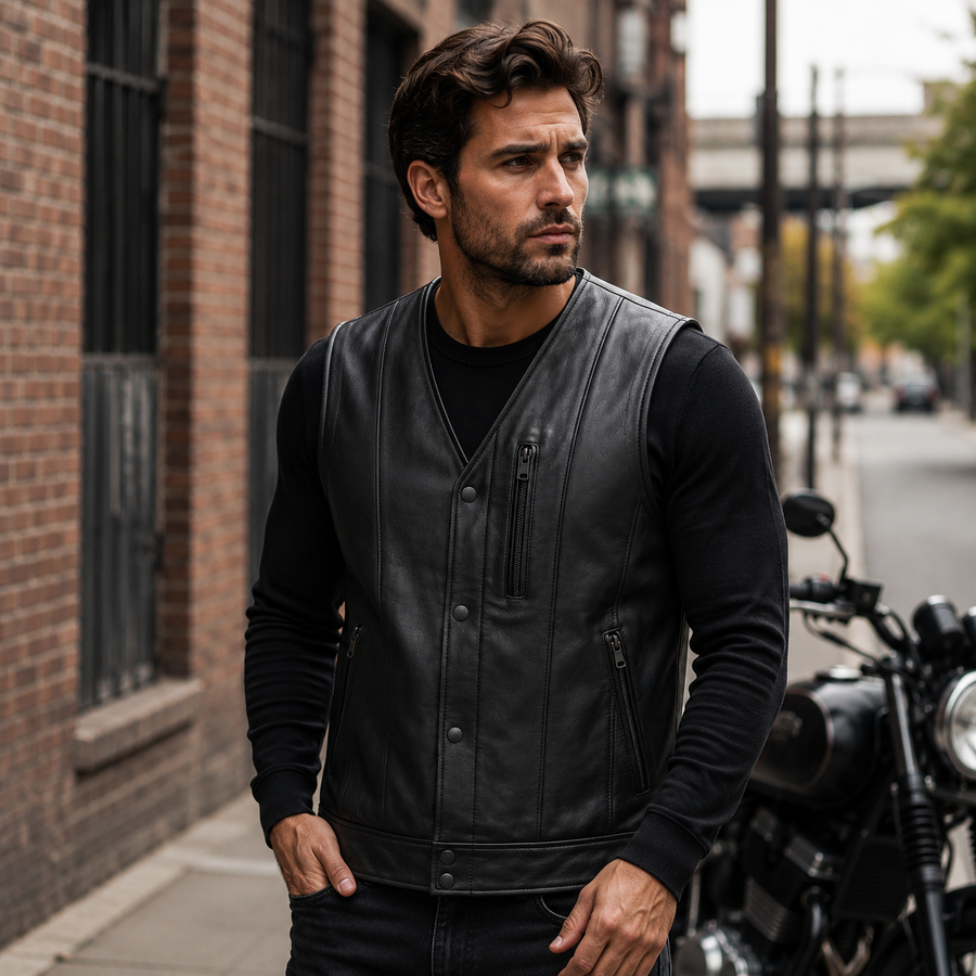 Men's Jet Black Leather Vest | Contemporary Premium | Genuine Sheep Leather