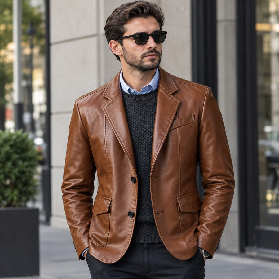 Men's Premium Brown Leather Blazer with Black Interior Lining | Professional Tailored