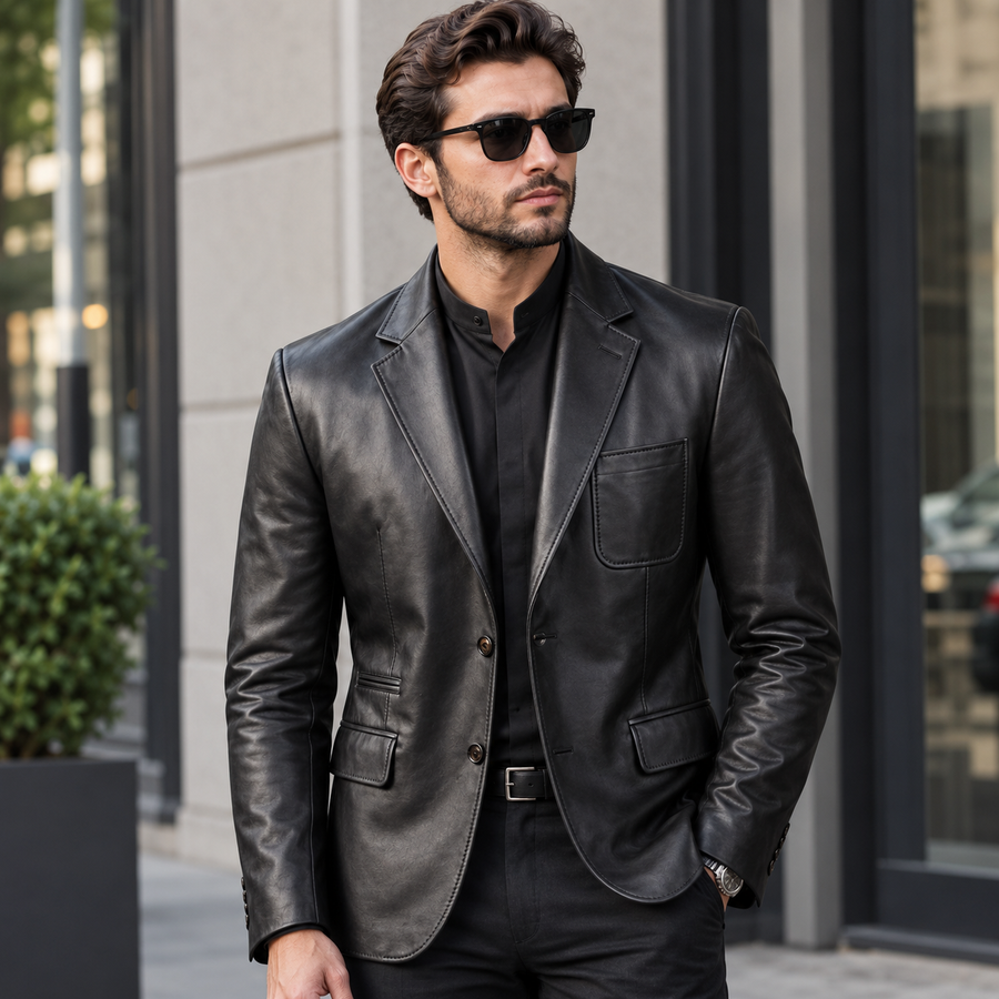 Men's Premium Black Leather Blazer with Black Interior Lining | Professional Tailored