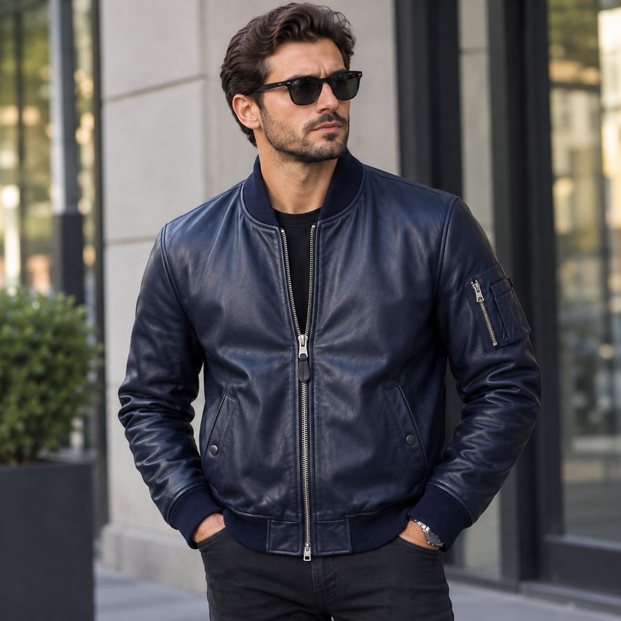 Men's Navy Blue Leather Bomber Jacket | Premium Genuine Leather | Contemporary Casual