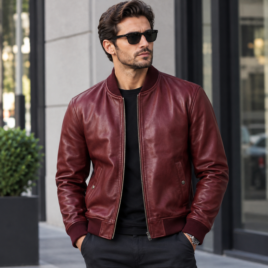 Burgundy Leather Bomber Jacket – Rich Color, Real Leather