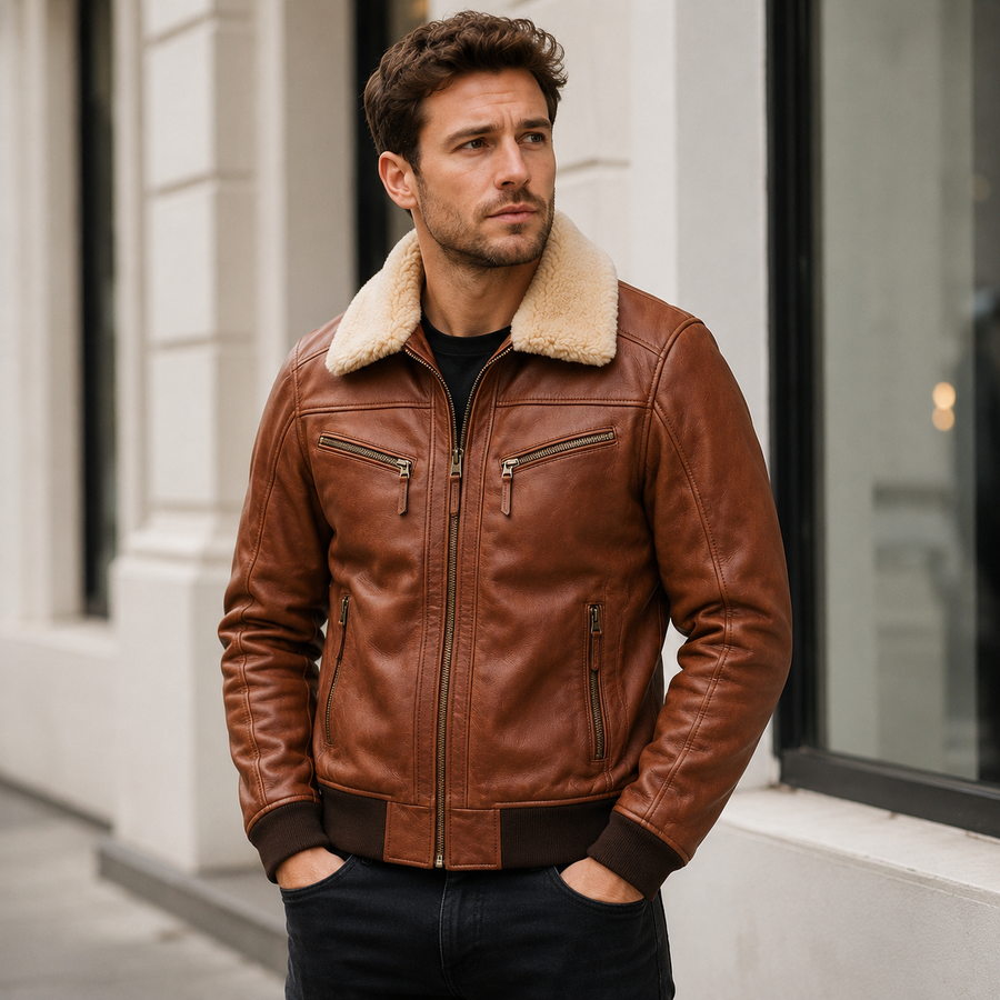 Men's Brown Leather Jacket with Shearling Collar | Premium Luxe | Genuine Sheep Leather