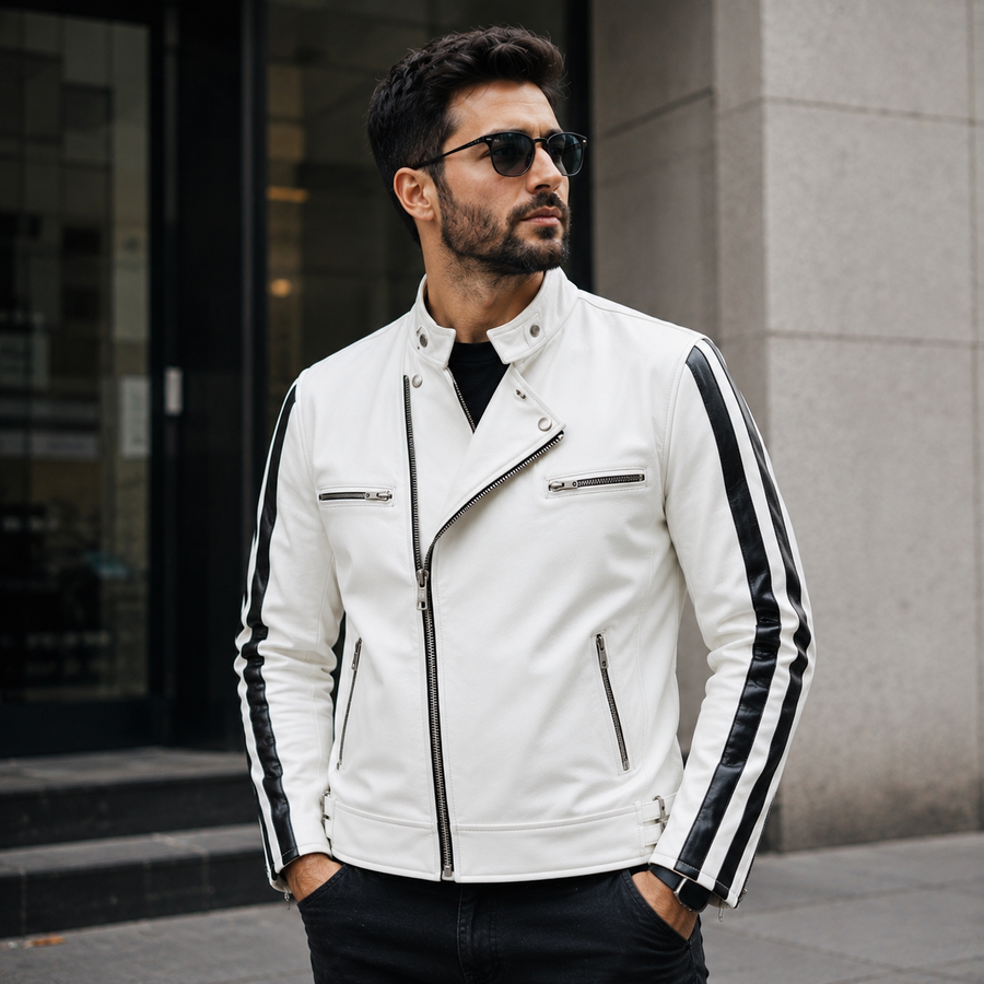 White Stripe Biker Leather Jacket – Bold Statement Piece