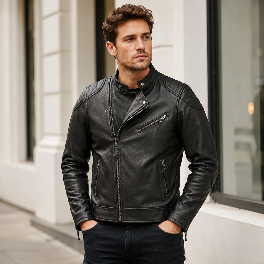 Men's Black Cafe Racer Leather Jacket | Classic Motorcycle | Genuine Sheep Leather