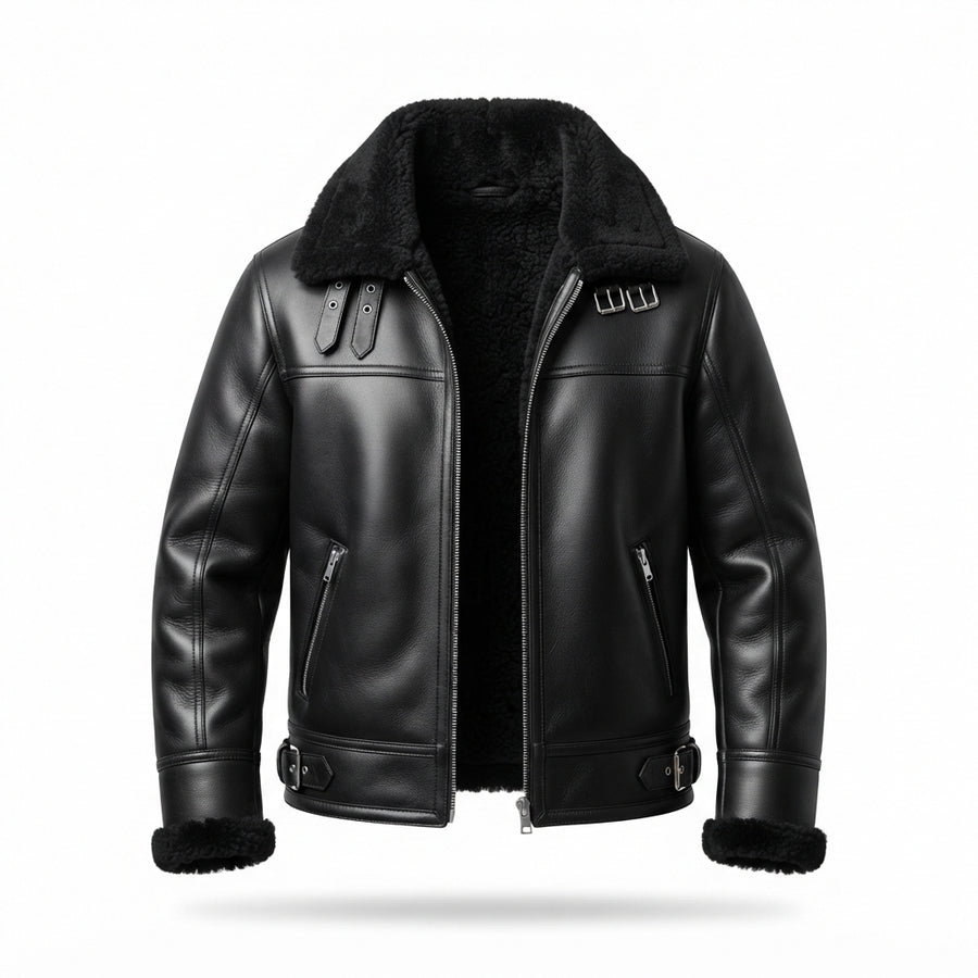 Men’s Black Sheepskin Aviator Jacket – Genuine Shearling Pilot Bomber with Buckle Collar