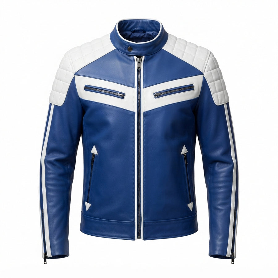 Men’s Blue & White Sheepskin Cafe Racer Jacket – Genuine Leather Biker Motorcycle Coat