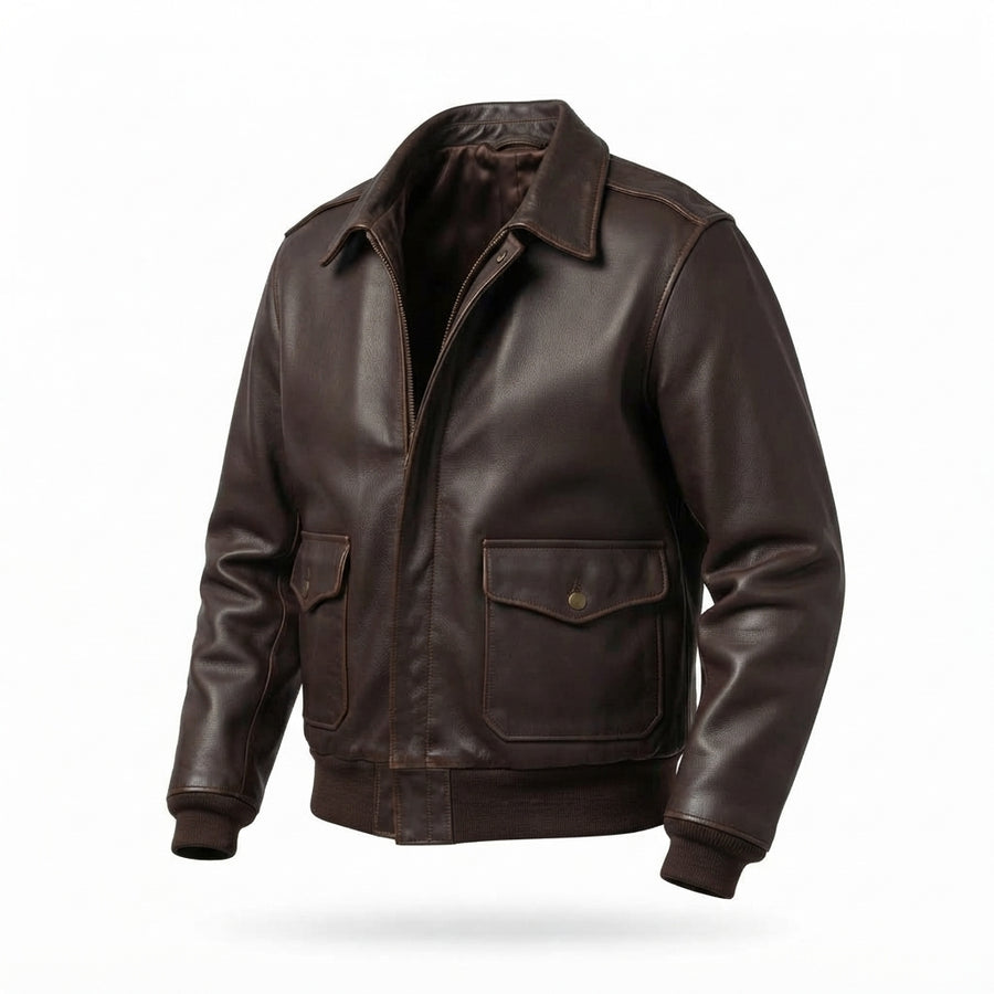 Men’s Brown Sheepskin A-2 Flight Jacket – Genuine Leather Pilot Bomber Aviator Coat