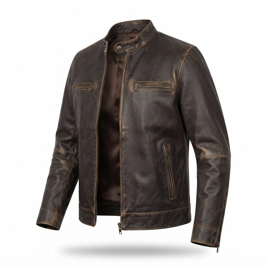 Men’s Distressed Brown Sheepskin Cafe Racer Jacket – Vintage Leather Biker Moto Coat