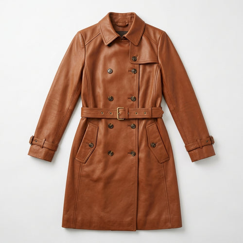 Classic Cognac Brown Women's Trench Coat | Genuine Leather