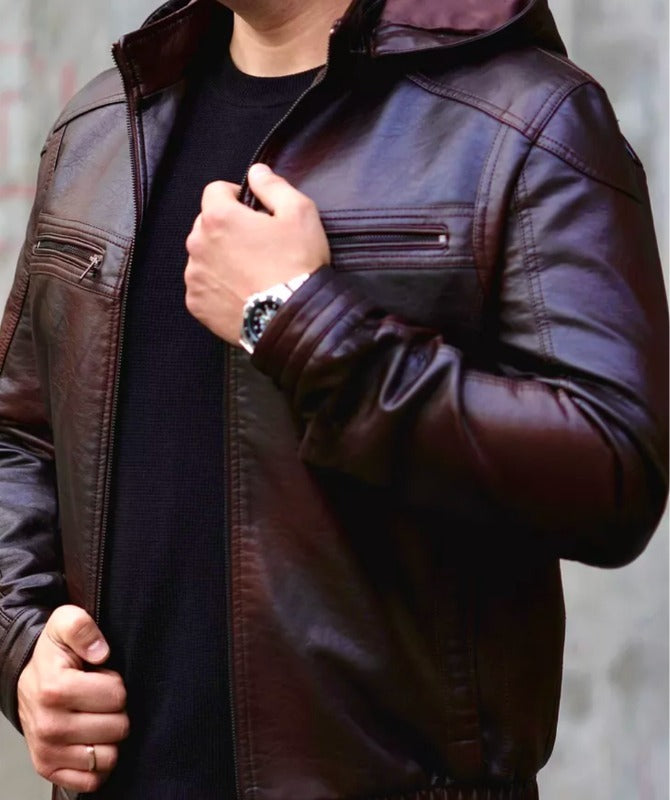 Men’s Brown Hooded Leather Jacket Soft, Lightweight & Stylish Casual Outerwear