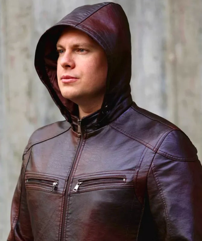 Men’s Brown Hooded Leather Jacket Soft, Lightweight & Stylish Casual Outerwear
