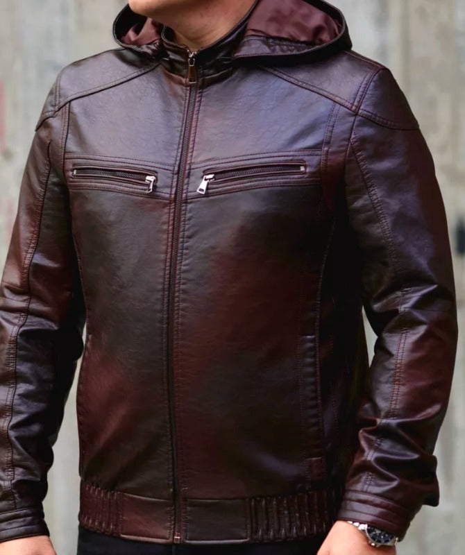 Men’s Brown Hooded Leather Jacket Soft, Lightweight & Stylish Casual Outerwear