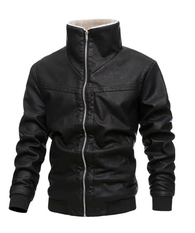 Men’s Black Hooded Leather Jacket Warm Fleece Lining