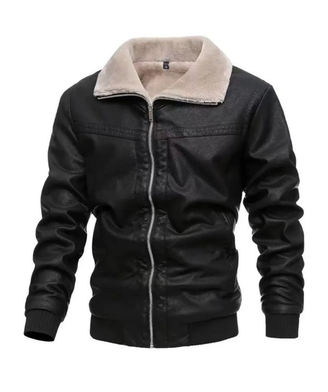 Men’s Black Hooded Leather Jacket Warm Fleece Lining