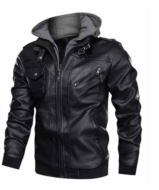 Men’s Black Hooded Leather Jacket Warm Fleece Lining