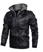 Men’s Black Hooded Leather Jacket Warm Fleece Lining