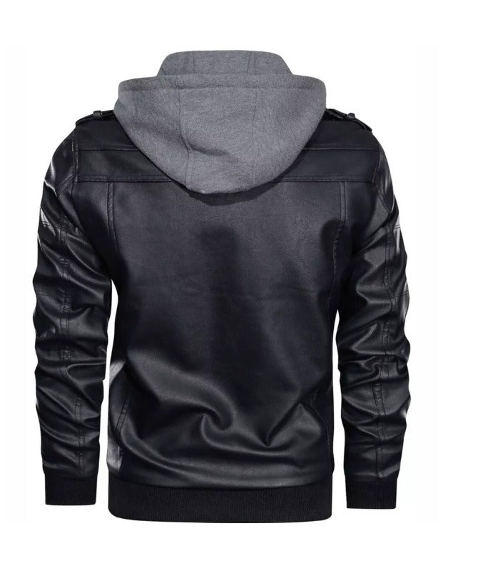 Men’s Black Hooded Leather Jacket Warm Fleece Lining