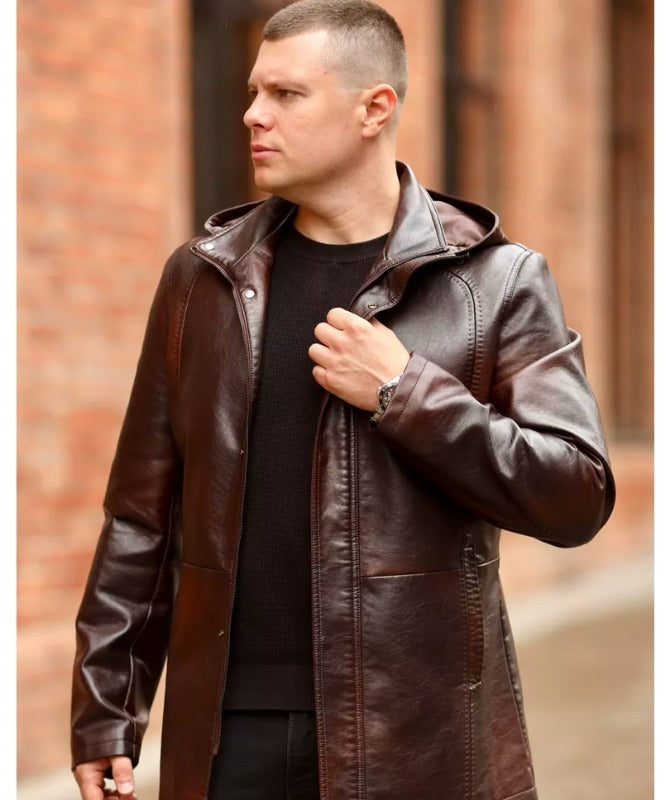 Men’s Genuine Sheep Leather Hooded Jacket – Brown Winter Coat