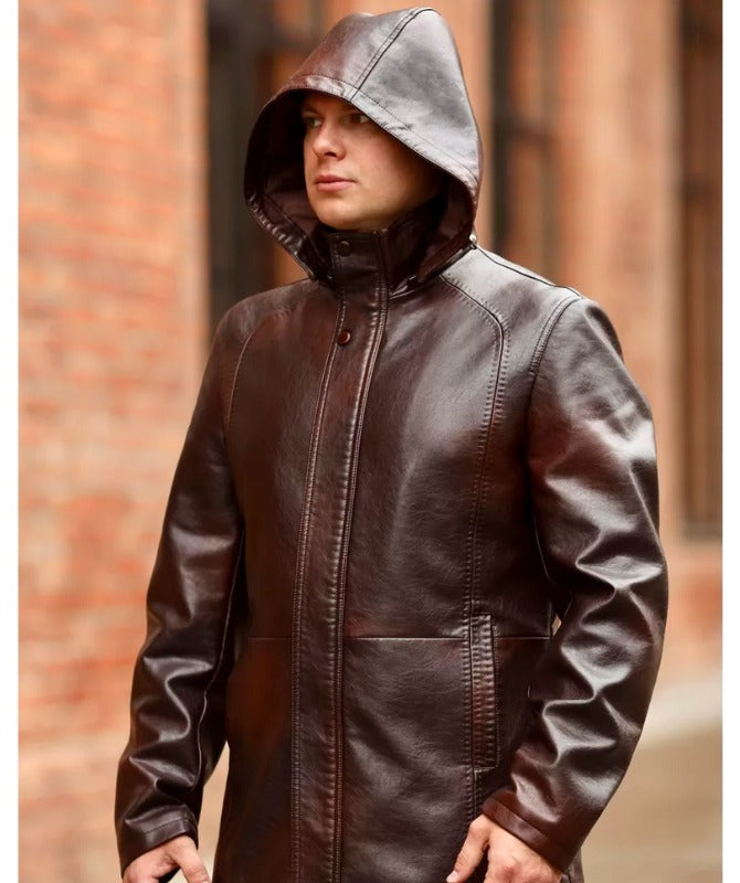 Men’s Genuine Sheep Leather Hooded Jacket – Brown Winter Coat