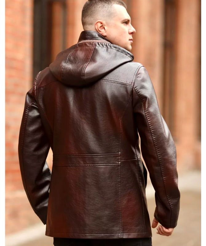 Men’s Genuine Sheep Leather Hooded Jacket – Brown Winter Coat