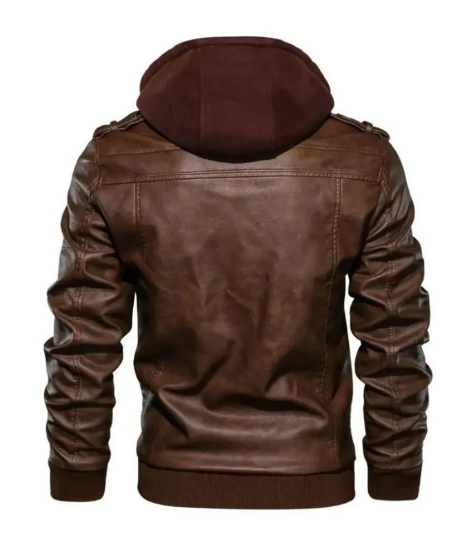 Men’s Genuine Sheep Leather Hooded Bomber Jacket – Brown Motorcycle Style
