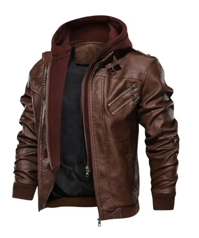 Men’s Genuine Sheep Leather Hooded Bomber Jacket – Brown Motorcycle Style