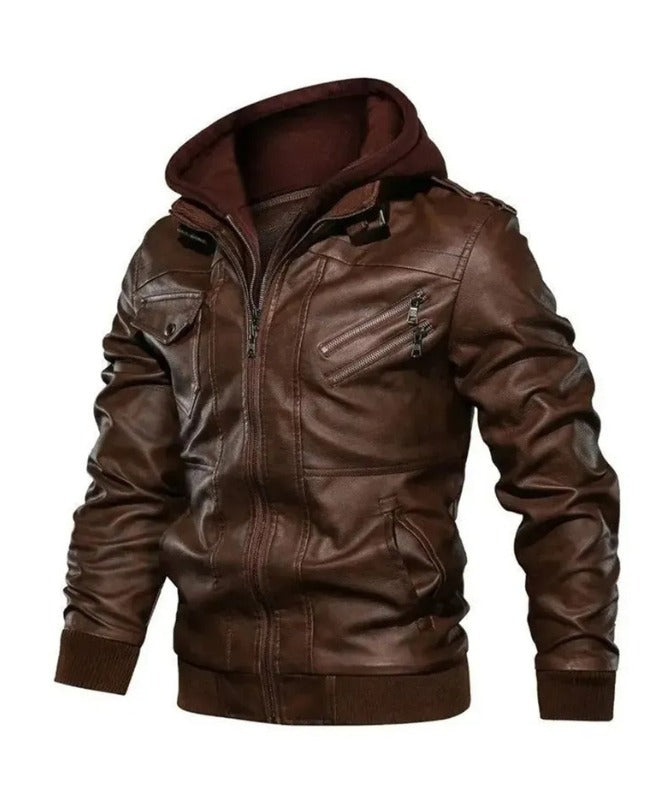 Men’s Genuine Sheep Leather Hooded Bomber Jacket – Brown Motorcycle Style
