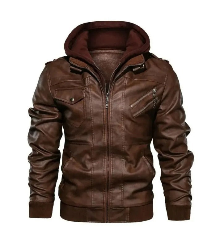 Men’s Genuine Sheep Leather Hooded Bomber Jacket – Brown Motorcycle Style