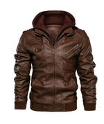 Men’s Genuine Sheep Leather Hooded Bomber Jacket – Brown Motorcycle Style