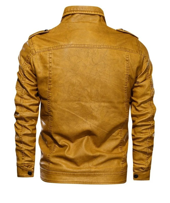 Men’s Genuine Sheep Leather Military Jacket – Mustard Brown Biker Leather Jacket