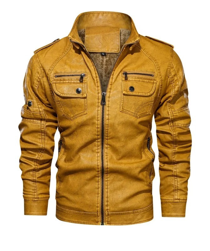 Men’s Genuine Sheep Leather Military Jacket – Mustard Brown Biker Leather Jacket