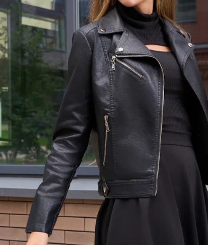 Women’s Black Genuine Sheep Leather Biker Jacket – Classic Moto Zip Style